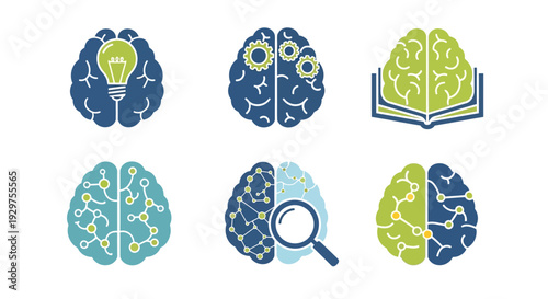 Collection of braininspired icons representing various cognitive functions and concepts.