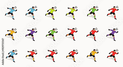 Isometric soccer goalkeeper catching a football, rendered in multiple vibrant colors, showcasing diverse team uniforms for sports and game design.