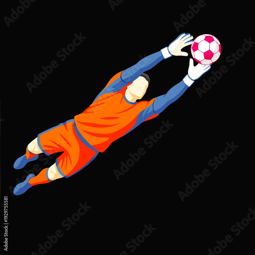 Goalkeeper in orange uniform dives to catch a soccer ball during a sports match, action shot