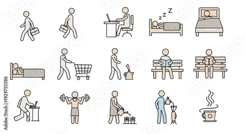 Simple line illustrations of a person performing daily activities.