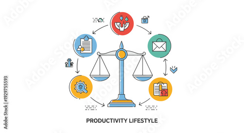 Productivity Lifestyle Balance Scale with Icons and Symbols.