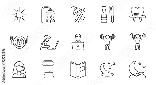 Collection of Simple Line Icons Representing Daily Life and Activities.