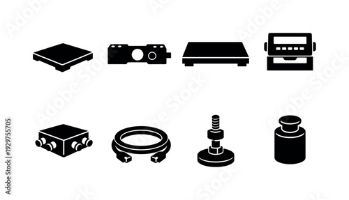 Industrial material weighing station: floor scale, load cell, weighing platform, indicator display, junction box, signal cable, mounting foot, calibration