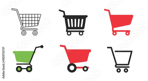 Collection of six diverse shopping cart icons for ecommerce and retail.