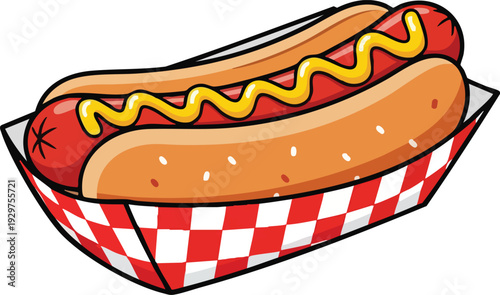 Classic Hot Dog with Mustard in a Red and White Checkered Tray.