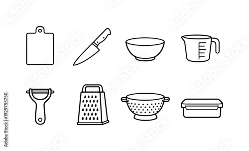 Home kitchen meal prep kit: linear style chopping board, chef knife, mixing bowl, measuring cup, vegetable peeler, box grater, colander, food container