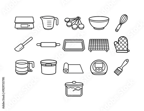 Home baking scale essentials: linear style kitchen scale, measuring cup, measuring spoon, mixing bowl, whisk, spatula, rolling pin, baking tray, cooling rack,