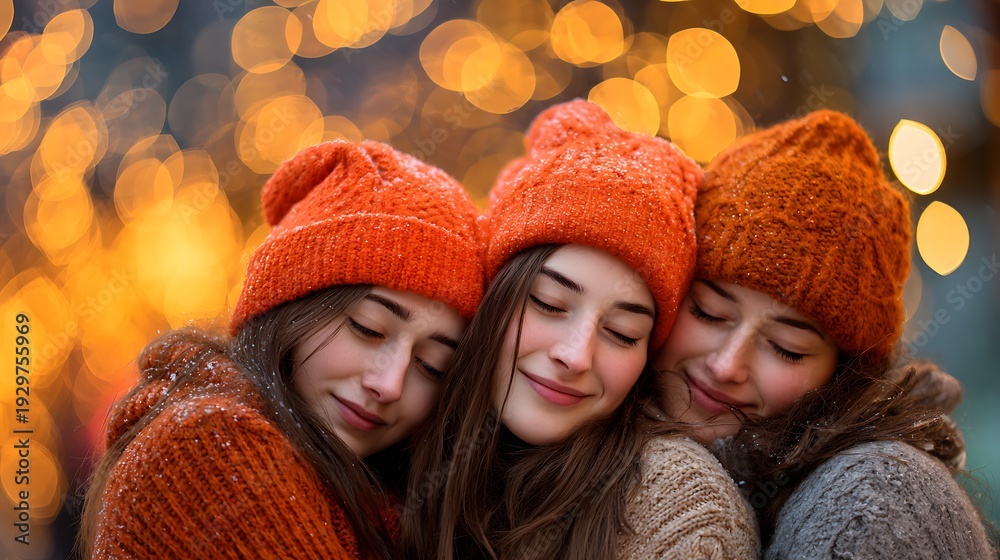 Naklejka premium Three young women wearing knitted orange hats embrace closely.