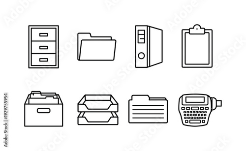 Office filing supplies: linear style filing cabinet, document folder, binder, clipboard, file box, paper tray, index card, label maker