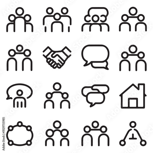 Community and Teamwork Line Icons Set – Group, Communication, Handshake and Home Outline Vector Collection