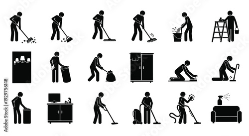 Set of black silhouette stick figure icons illustrating various household cleaning chores and maintenance activities