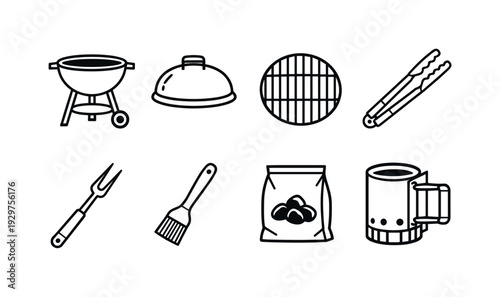 Home barbecue tools: linear style charcoal grill, grill lid, cooking grate, barbecue tong, meat fork, basting brush, charcoal bag, chimney starter