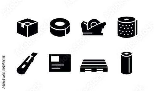 Warehouse packing workflow items: cardboard box, packing tape roll, tape dispenser, bubble wrap roll, utility knife, shipping label, pallet, stretch wrap roll