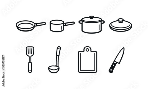 Home kitchen cooking utensils: linear style frying pan, saucepan, stockpot, lid, spatula, ladle, cutting board, kitchen knife