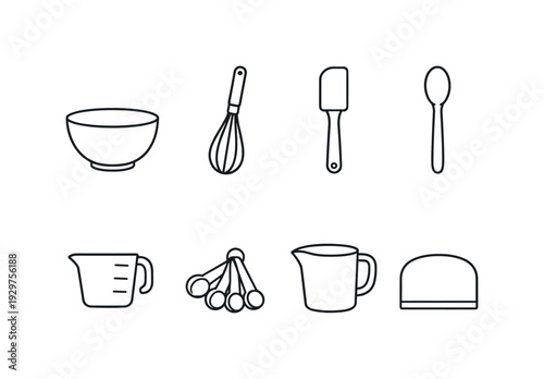Kitchen food mixing tools: mixing bowl, hand whisk, silicone spatula, wooden spoon, measuring cup, measuring spoon, pouring jug, bowl scraper. . Thin consistent
