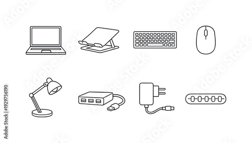 Home workspace technology: laptop, laptop stand, keyboard, mouse, desk lamp, USB hub, power adapter, cable organizer. . Thin consistent line stroke, outline