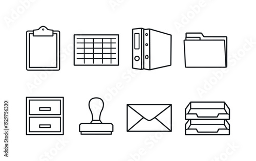 Program records and scheduling materials in linear style: clipboard, class schedule sheet, binder, document folder, filing cabinet, stamp, envelope, paper tray