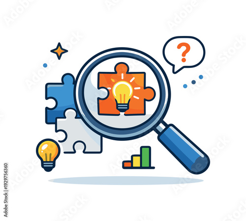 Information asymmetry awareness and smart questioning in professional environments, a magnifying glass focused on a single puzzle piece expressing insight,