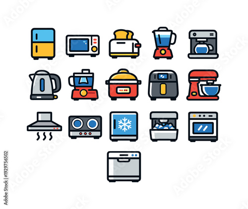 Kitchen appliances: refrigerator, microwave, toaster, blender, coffee maker, electric kettle, food processor, rice cooker, air fryer, stand mixer, dishwasher,