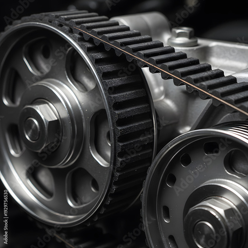 Close up of a car engine timing belt and metal pulleys