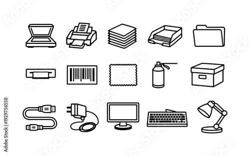 Office document scanning setup: linear style flatbed scanner, document feeder, paper stack, document tray, file folder, label holder, barcode label, cleaning