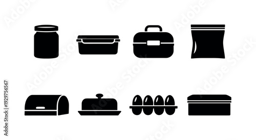 Kitchen food storage set: glass jar, plastic container, lunch box, freezer bag, bread box, butter dish, egg holder, storage tin