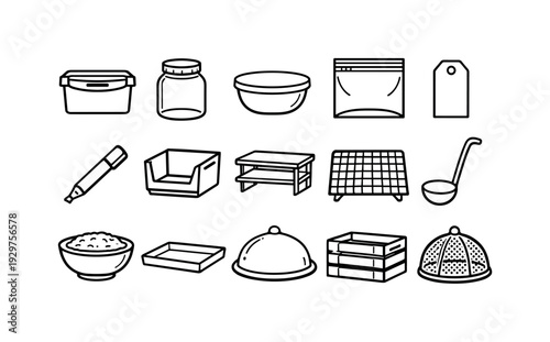 Home risotto storage essentials: linear style airtight container, glass jar, storage bowl, lid cover, freezer bag, label tag, marker pen, storage bin, shelf