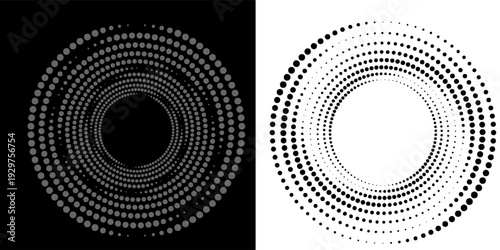 Modern abstract background. Halftone dots in circle form. Spiral logo, icon or design element. Black dots on a white background and white dots on the black side.