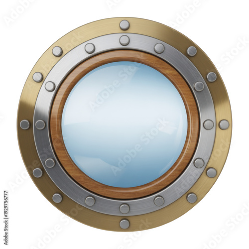 Round porthole window with gold and silver frame isolated on a transparent background