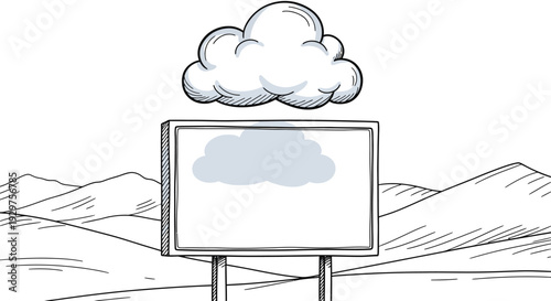 A hand-drawn sketch features a blank billboard beneath a fluffy cloud, offering ample copy space for creative messaging or digital concepts in a minimalist landscape.