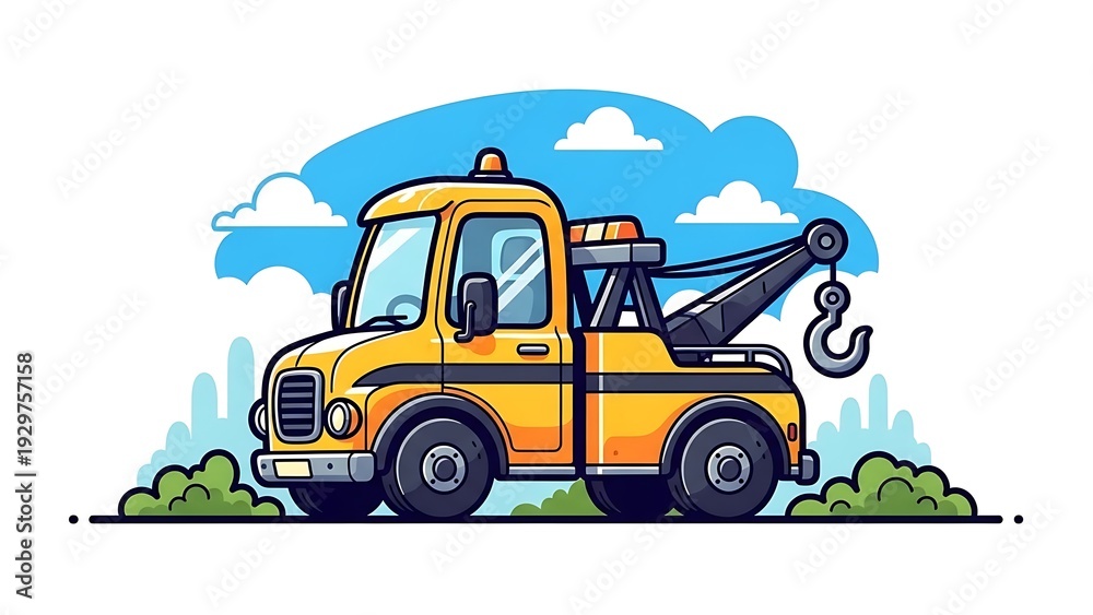Fototapeta premium SEO Title: Cheerful cartoon yellow tow truck with a friendly design, ready for roadside assistance.