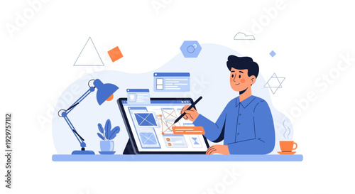 Digital Graphic Designer Creating Illustration on Tablet in Modern Creative Workspace