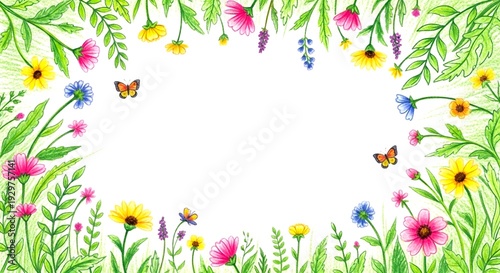 Vibrant Flowers and Butterflies in Watercolor Style on White Background