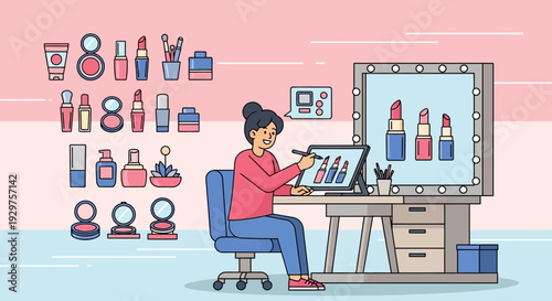 Beauty Content Creator Recording Cosmetic Tutorial in Home Studio Flat Vector Illustration