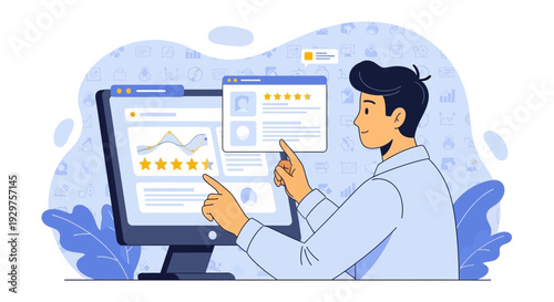 Business Analyst Monitoring Data Analytics Dashboard and Statistics Report Flat Vector Illustration