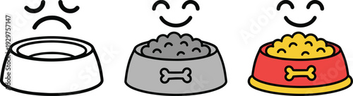 Dog food bowls vector illustration, empty sad bowl, happy full bowls, pet feeding icons, cartoon design, animal care artwork, colorful