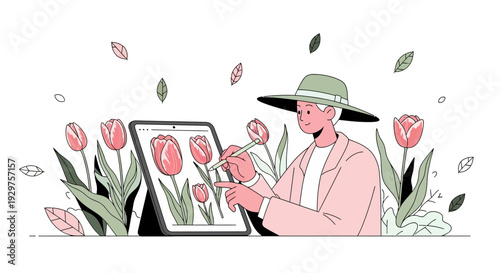 Woman Florist Designing Tulip Arrangement on Tablet in Flower Garden Flat Vector Illustration