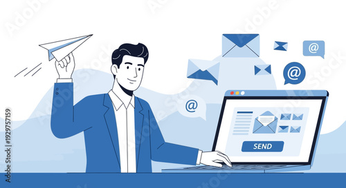 Businessman Sending Email Message on Laptop in Modern Office Workspace Flat Vector Illustration