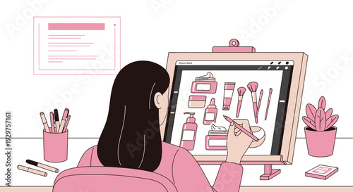 Beauty Influencer Recording Makeup Tutorial Video with Cosmetics Products Flat Vector Illustration