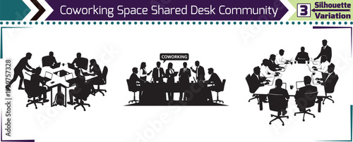 Modern Shared Desk Coworking Space Community Silhouettes Set for Business Collaboration Diversity