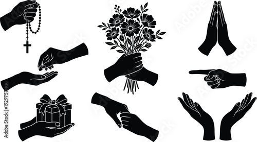 Hands silhouette set with praying hands, holding rosary, giving gift, floral bouquet, and charity gestures, isolated black vector icon illustrations,
