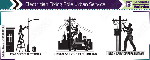 Electrician Repairing Power Lines on Utility Pole Silhouette Urban Service Maintenance Set