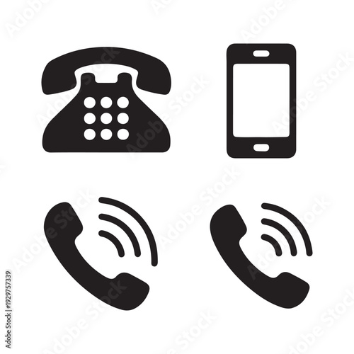 Telephone and Smartphone Call Icons – Solid Black Communication Vector Set