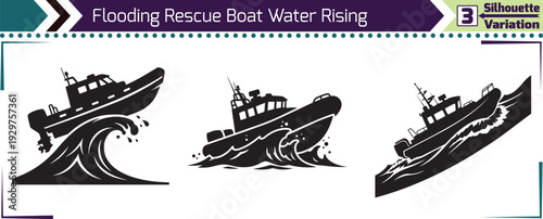 Flooding Rescue Boat Silhouette Variation Set Rising Water Emergency Evacuation Icons
