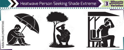 Extreme Heatwave Person Seeking Shade Summer Silhouette Concept Vector Graphic Set