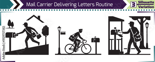 Mail Carrier Delivering Letters Routine Silhouette Concept Vector Variations Set