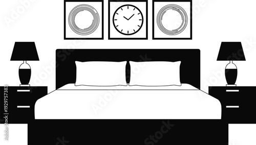 Modern bedroom interior vector illustration, master bed silhouette with pillows and nightstands, home furniture icon set isolated on white background,