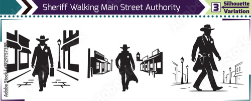 Sheriff Walking Main Street Authority Silhouette Concept Variation Vector Design Bundle
