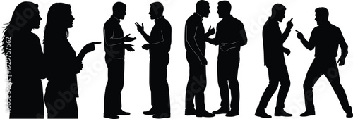 Black silhouettes of diverse people in various stages of social interaction, including friendly discussion, intense arguing, and pointing fingers.