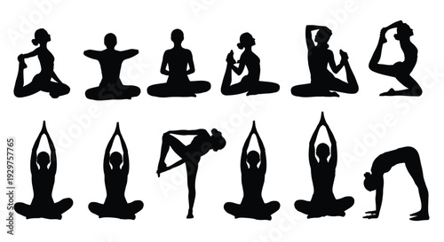 Yoga pose silhouettes illustrate various positions.